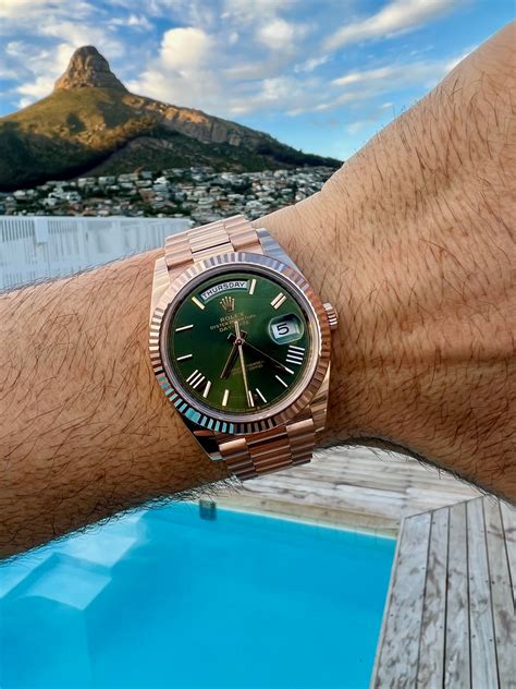 rolex presidential rose gold olive green|day date 40 rose gold.